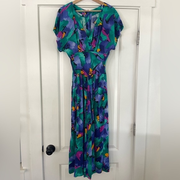 Vintage R.E.O Originals 80s Patterned Midi Dress - 10 - Picture 1 of 6